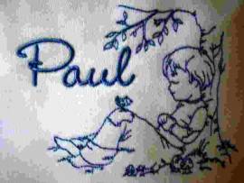 Kinder- Baby- Namenskissen- bestickt mit Paul und Junge mit Vogel - Bild vergr��ern 